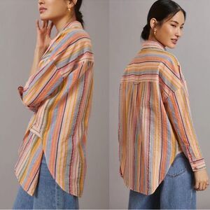 PILCRO Long Sleeve Boyfriend Shirt Peach Multi Rainbow Stripe XXS XS Oversized